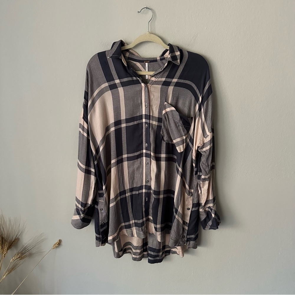 Free People Oversized Flannel Button Down Long Sleeve Shirt Western Fall Small